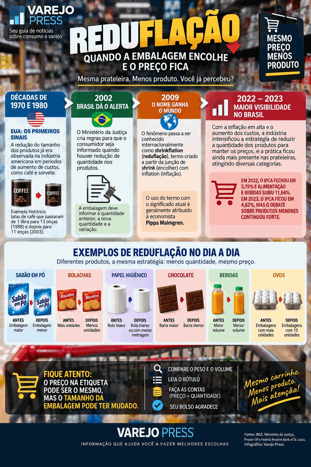 Infográfico sobre reduflação: menos produto pelo mesmo preço