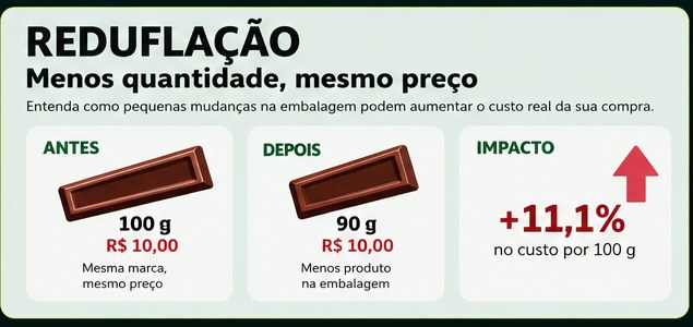 Reduflação: menos quantidade, mesmo preço — explicação visual