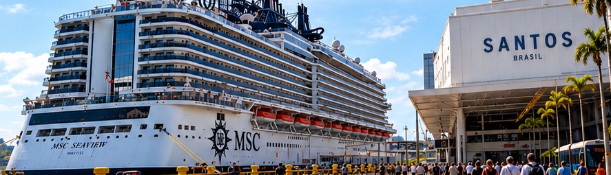 Navio de cruzeiro da MSC atracado no Porto de Santos