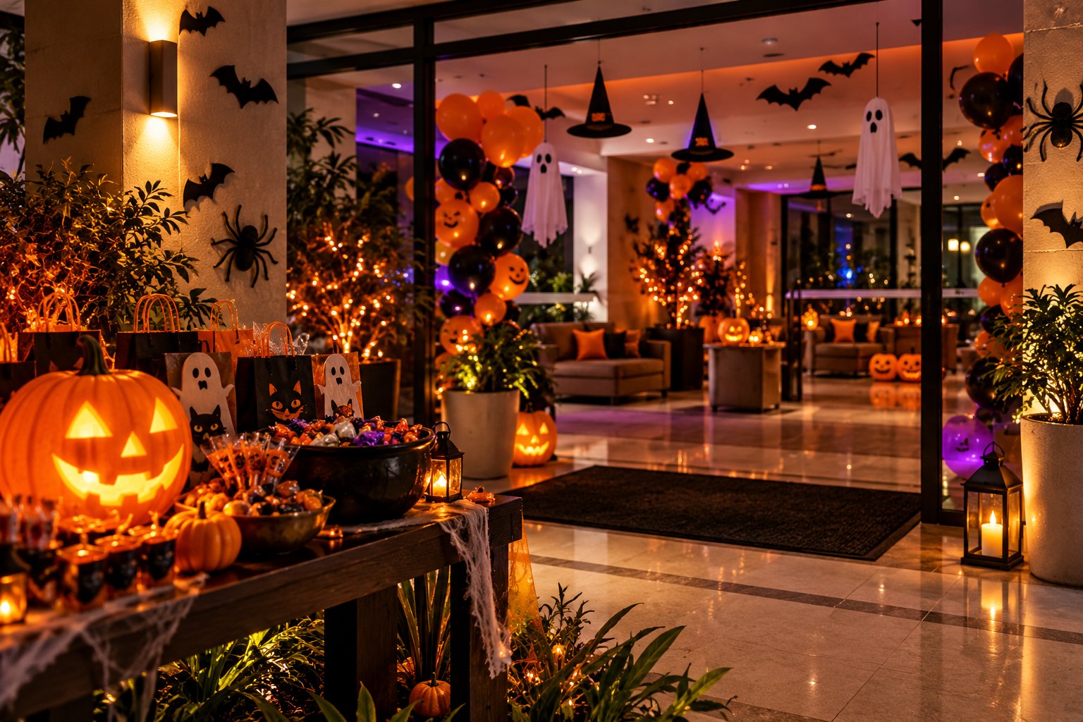 Hall residencial decorado para Halloween com abóboras, fantasmas, balões e mesa de doces, sem pessoas