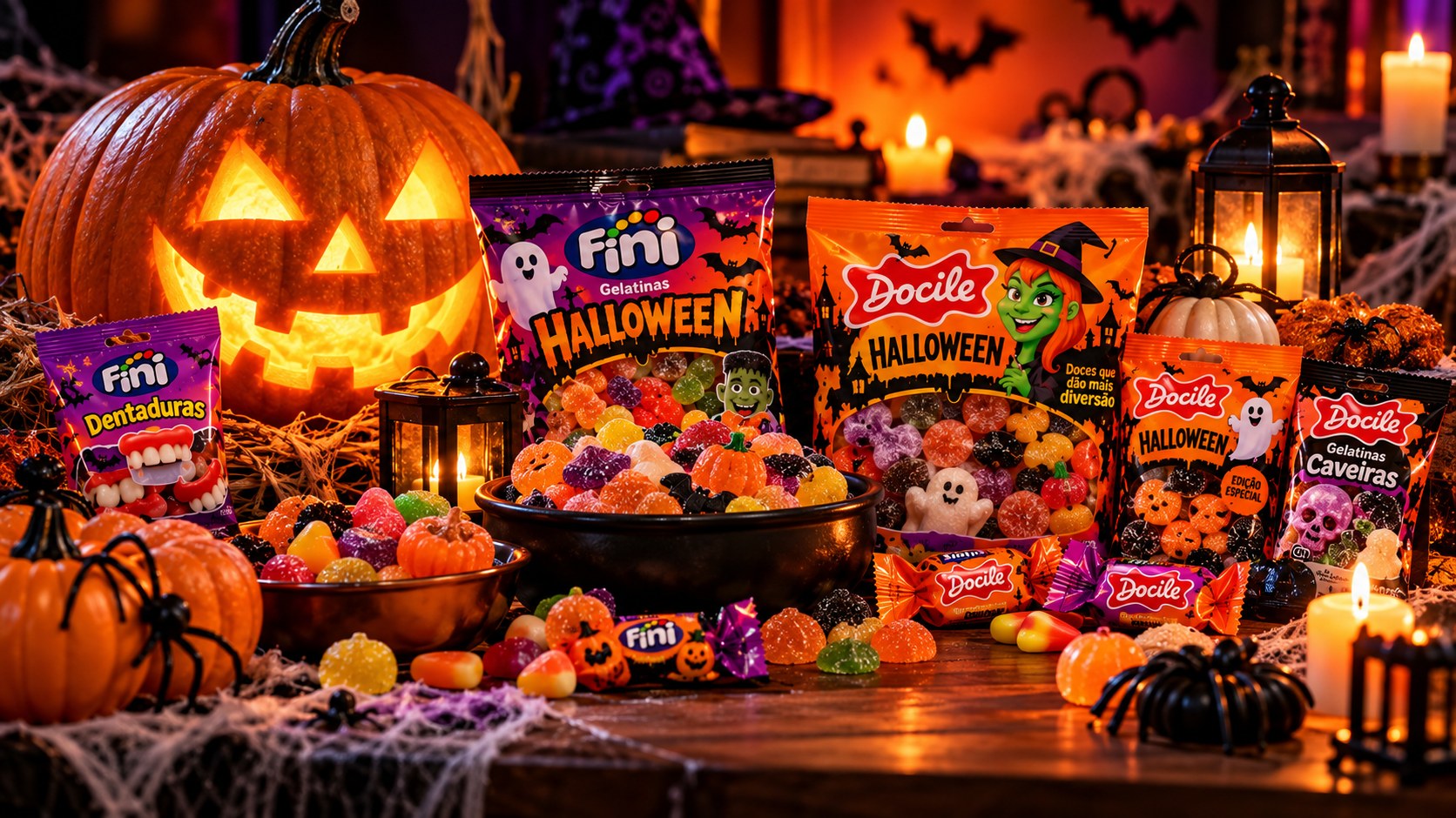 Mesa temática de Halloween com doces e embalagens inspiradas em produtos Fini e Docile