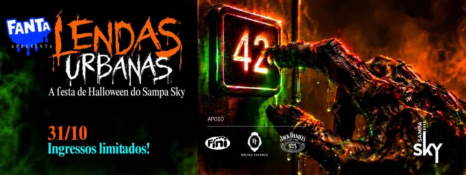 Arte oficial de divulgação da festa Halloween Sampa Sky, com apoio da Fini e outras marcas